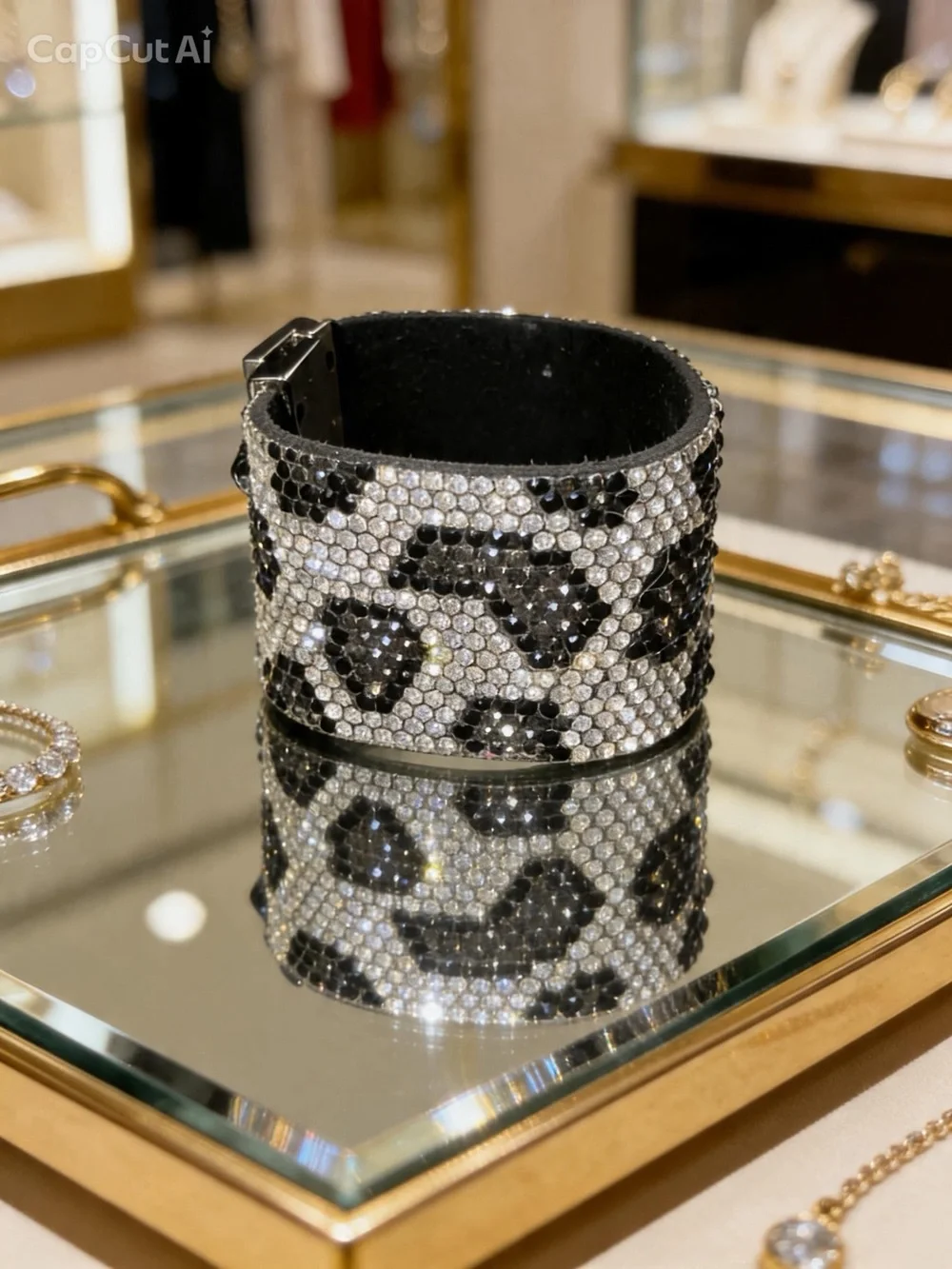 Black & Silver Rhinestone Leopard Print Wide Bracelet
